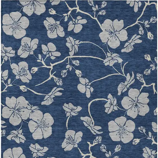 Navy Blue And Gray Floral Washable Indoor Outdoor Area Rug Photo 5