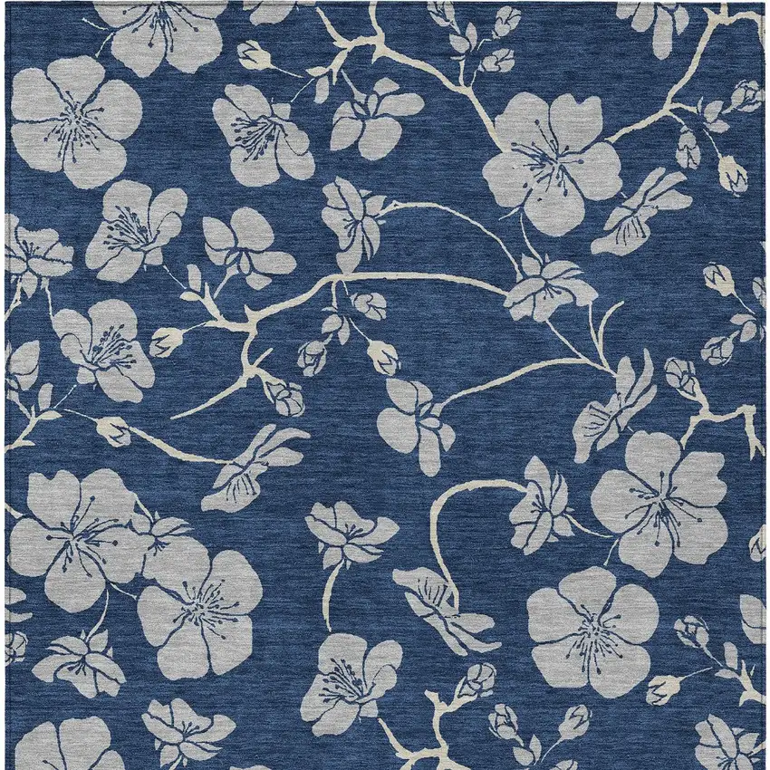 Navy Blue And Gray Floral Washable Indoor Outdoor Area Rug Photo 5