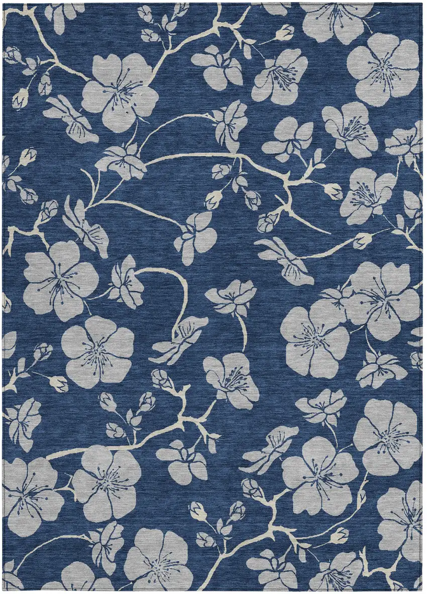 Navy Blue And Gray Floral Washable Indoor Outdoor Area Rug Photo 6