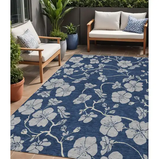 Navy Blue And Gray Floral Washable Indoor Outdoor Area Rug Photo 1