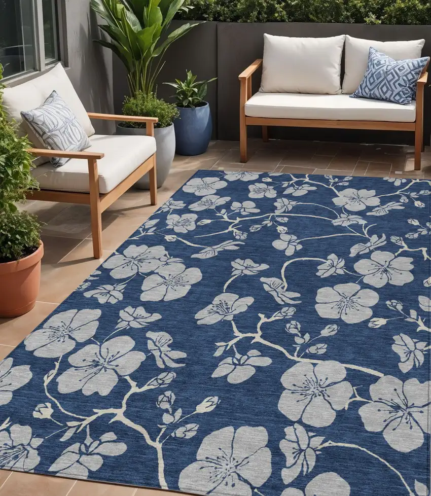 Navy Blue And Gray Floral Washable Indoor Outdoor Area Rug Photo 1