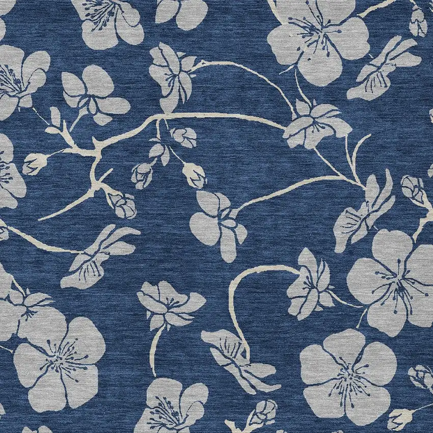Navy Blue And Gray Floral Washable Indoor Outdoor Area Rug Photo 5