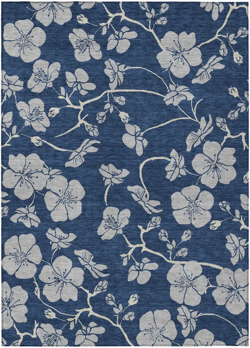 Navy Blue And Gray Floral Washable Indoor Outdoor Area Rug Photo 2
