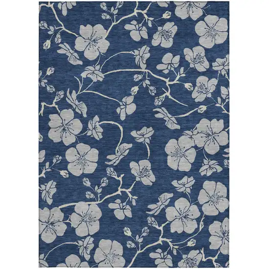 Navy Blue And Gray Floral Washable Indoor Outdoor Area Rug Photo 5