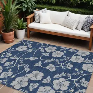Photo of Navy Blue And Gray Floral Washable Indoor Outdoor Area Rug