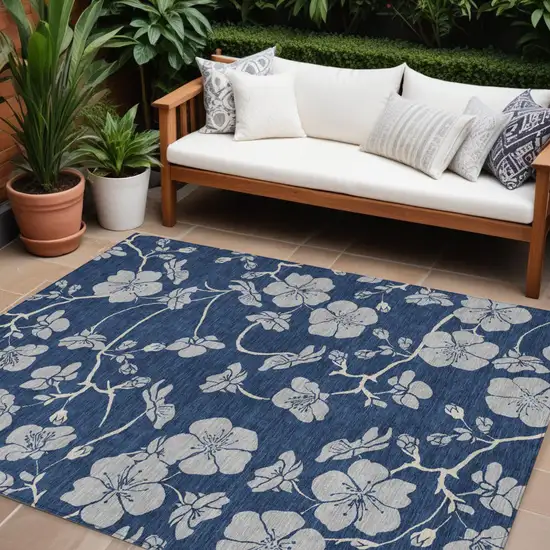 Navy Blue And Gray Floral Washable Indoor Outdoor Area Rug Photo 1