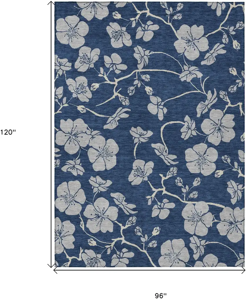 Navy Blue And Gray Floral Washable Indoor Outdoor Area Rug Photo 3