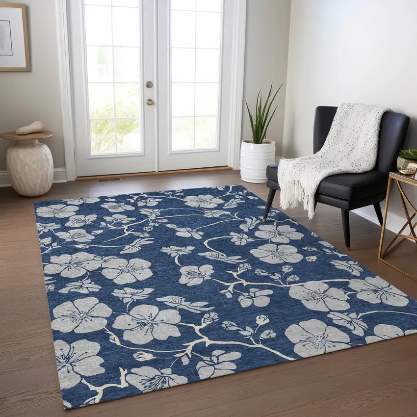 Navy Blue And Gray Floral Washable Indoor Outdoor Area Rug Photo 7