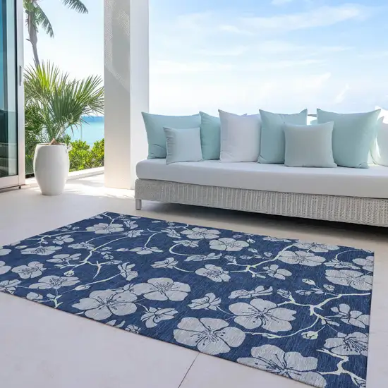 Navy Blue And Gray Floral Washable Indoor Outdoor Area Rug Photo 9