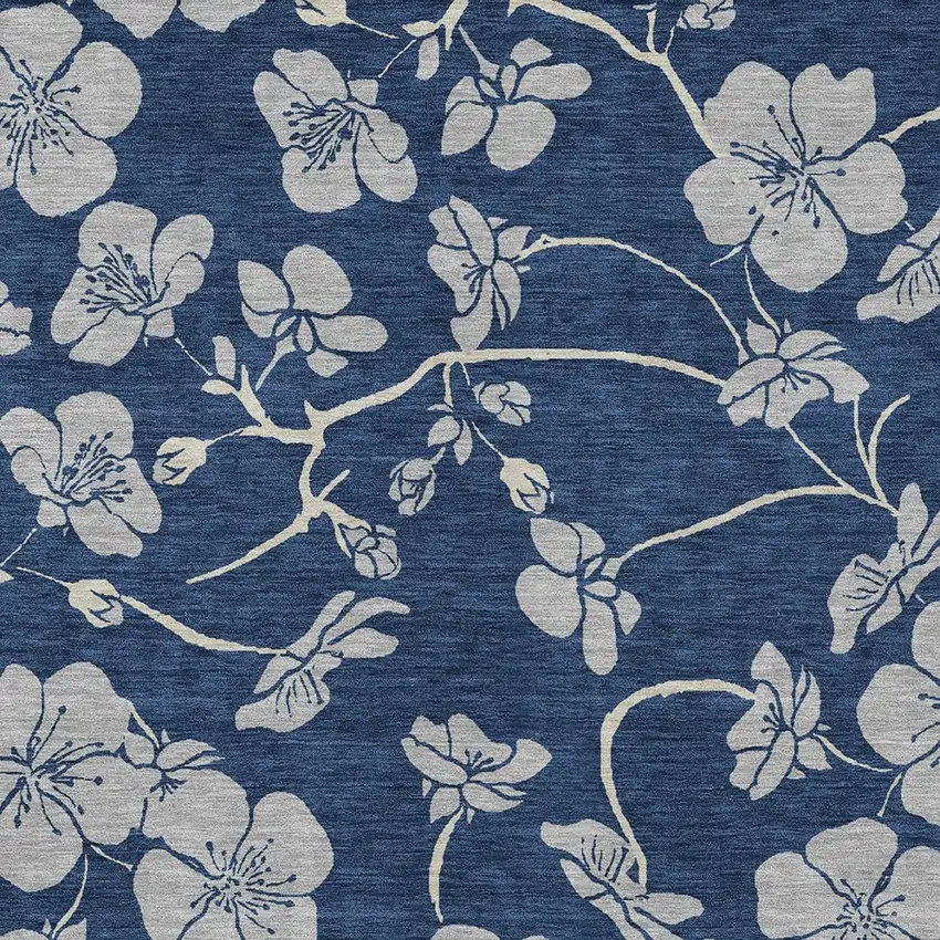 Navy Blue And Gray Floral Washable Indoor Outdoor Area Rug Photo 5