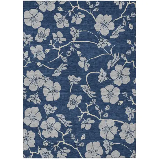 Navy Blue And Gray Floral Washable Indoor Outdoor Area Rug Photo 2