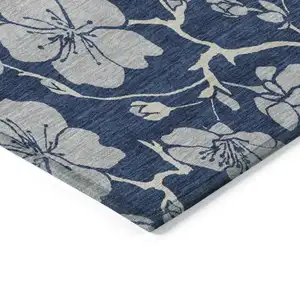 Photo of Navy Blue And Gray Floral Washable Indoor Outdoor Area Rug