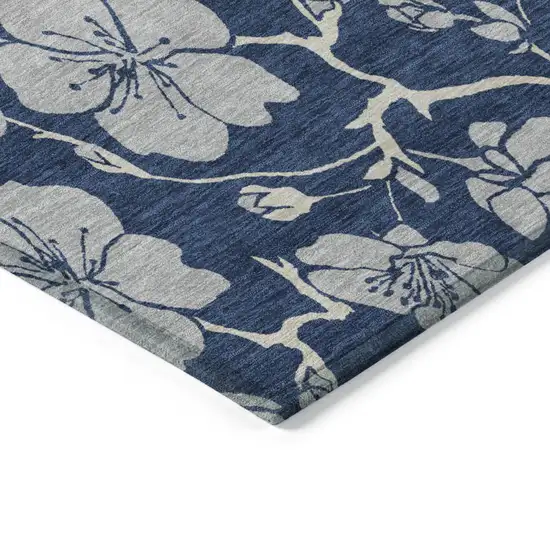 Navy Blue And Gray Floral Washable Indoor Outdoor Area Rug Photo 4