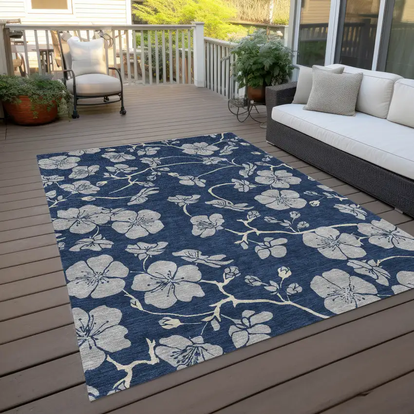 Navy Blue And Gray Floral Washable Indoor Outdoor Area Rug Photo 7