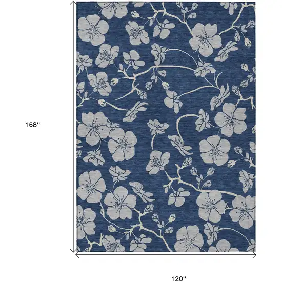 Navy Blue And Gray Floral Washable Indoor Outdoor Area Rug Photo 3