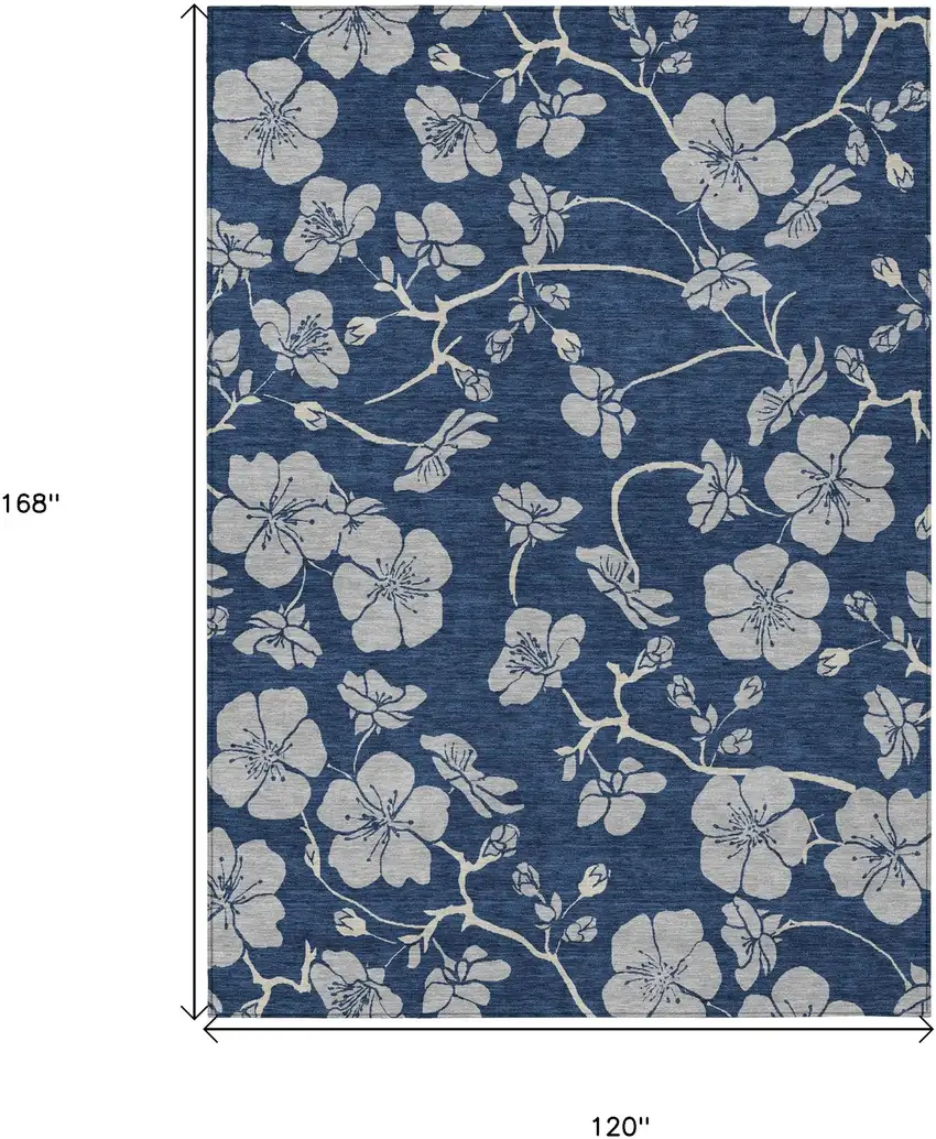Navy Blue And Gray Floral Washable Indoor Outdoor Area Rug Photo 3