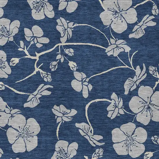 Navy Blue And Gray Floral Washable Indoor Outdoor Area Rug Photo 5
