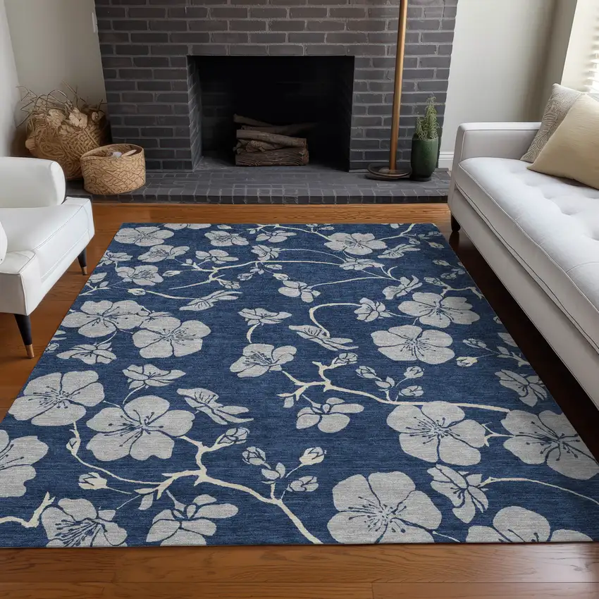 Navy Blue And Gray Floral Washable Indoor Outdoor Area Rug Photo 9