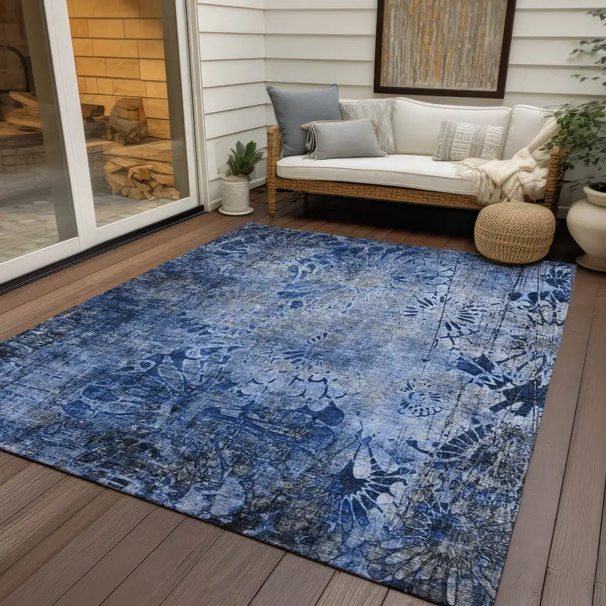 Navy Blue And Gray Floral Washable Indoor Outdoor Area Rug Photo 9