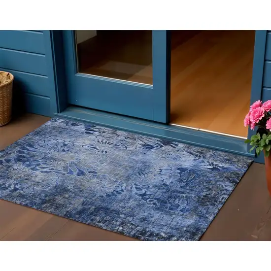 Navy Blue And Gray Floral Washable Indoor Outdoor Area Rug Photo 1
