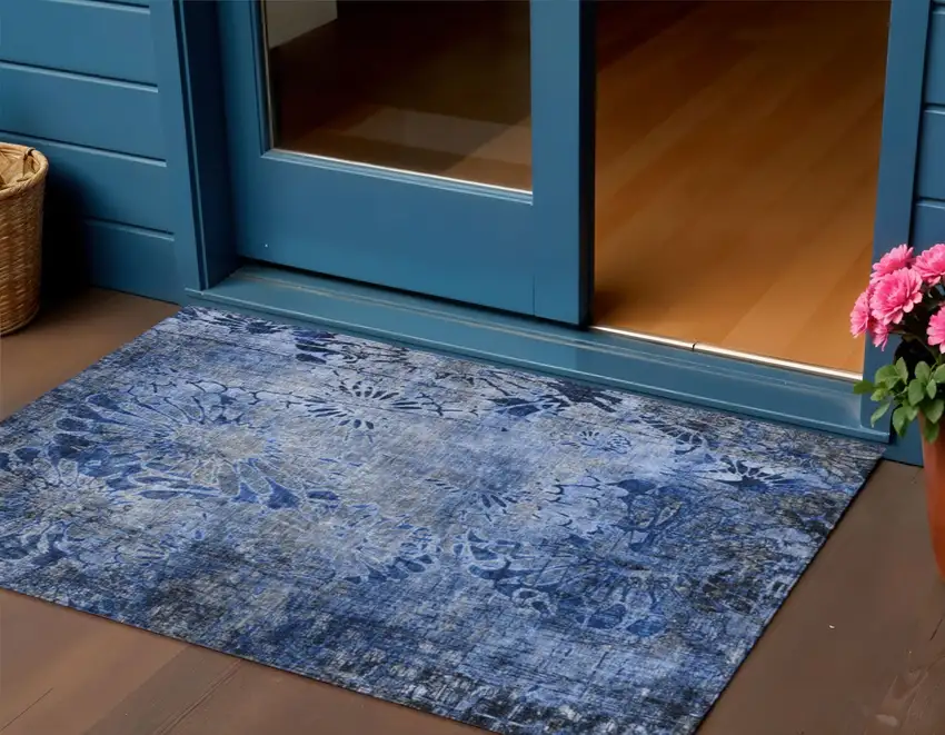 Navy Blue And Gray Floral Washable Indoor Outdoor Area Rug Photo 1