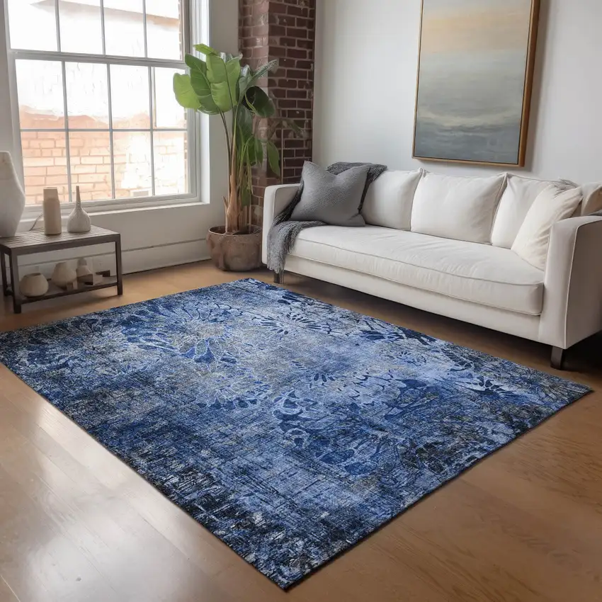 Navy Blue And Gray Floral Washable Indoor Outdoor Area Rug Photo 9