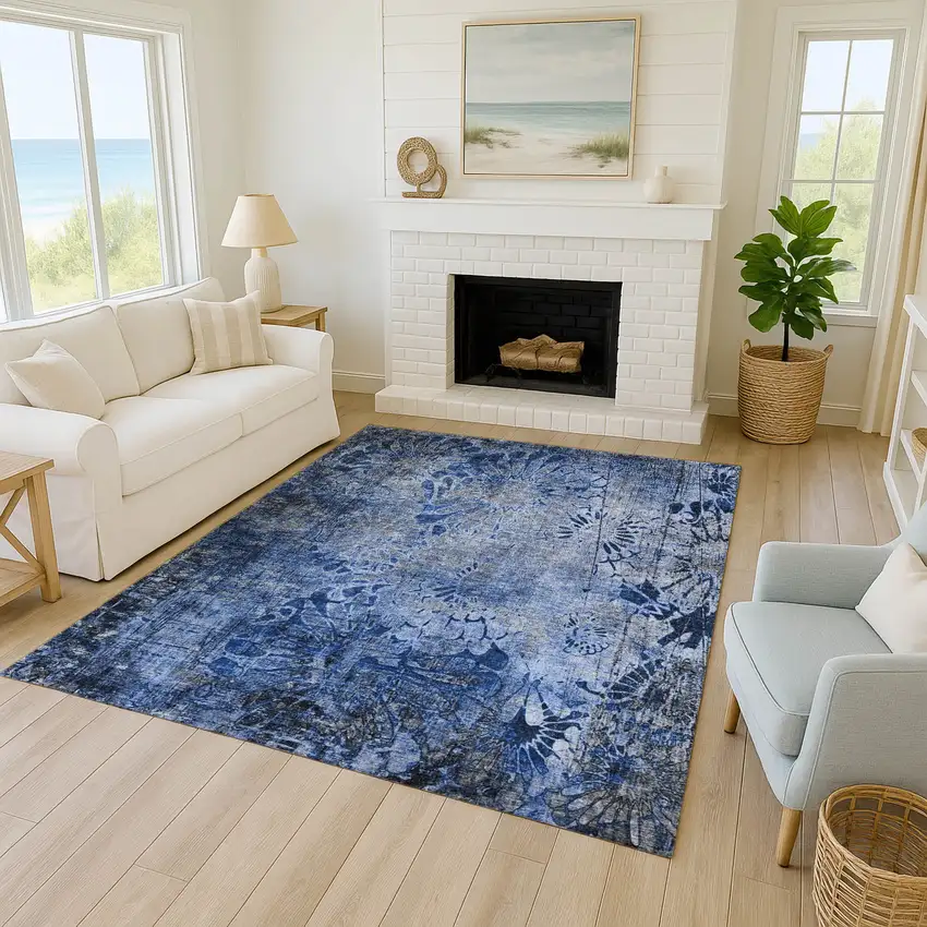 Navy Blue And Gray Floral Washable Indoor Outdoor Area Rug Photo 8
