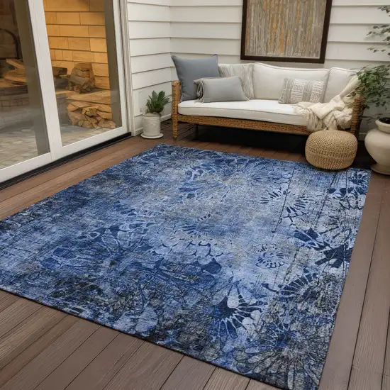 Navy Blue And Gray Floral Washable Indoor Outdoor Area Rug Photo 9