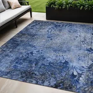 Photo of Navy Blue And Gray Floral Washable Indoor Outdoor Area Rug