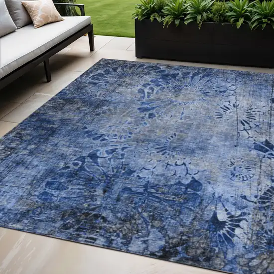 Navy Blue And Gray Floral Washable Indoor Outdoor Area Rug Photo 1