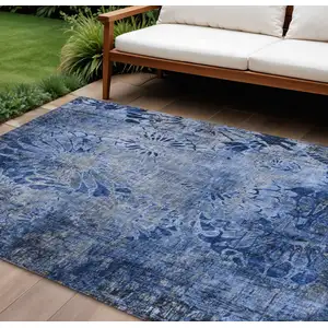 Photo of Navy Blue And Gray Floral Washable Indoor Outdoor Area Rug