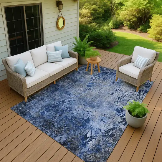 Navy Blue And Gray Floral Washable Indoor Outdoor Area Rug Photo 7
