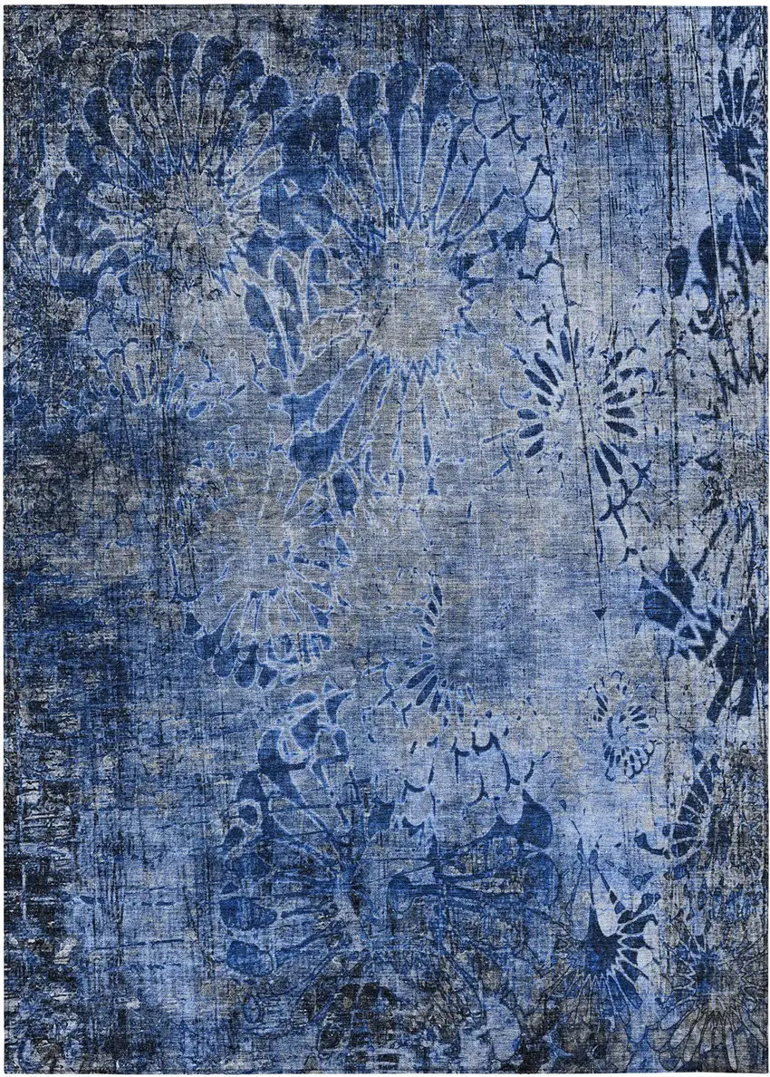 Navy Blue And Gray Floral Washable Indoor Outdoor Area Rug Photo 2