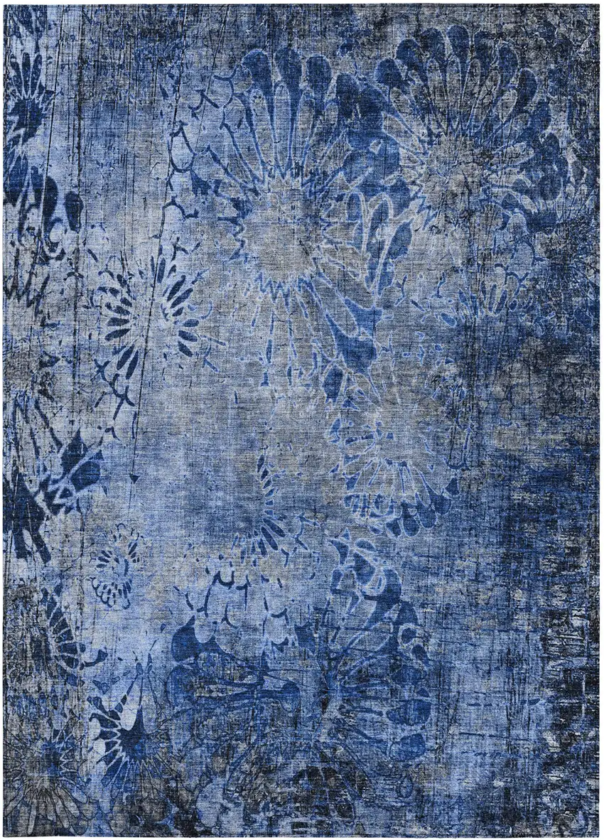 Navy Blue And Gray Floral Washable Indoor Outdoor Area Rug Photo 4