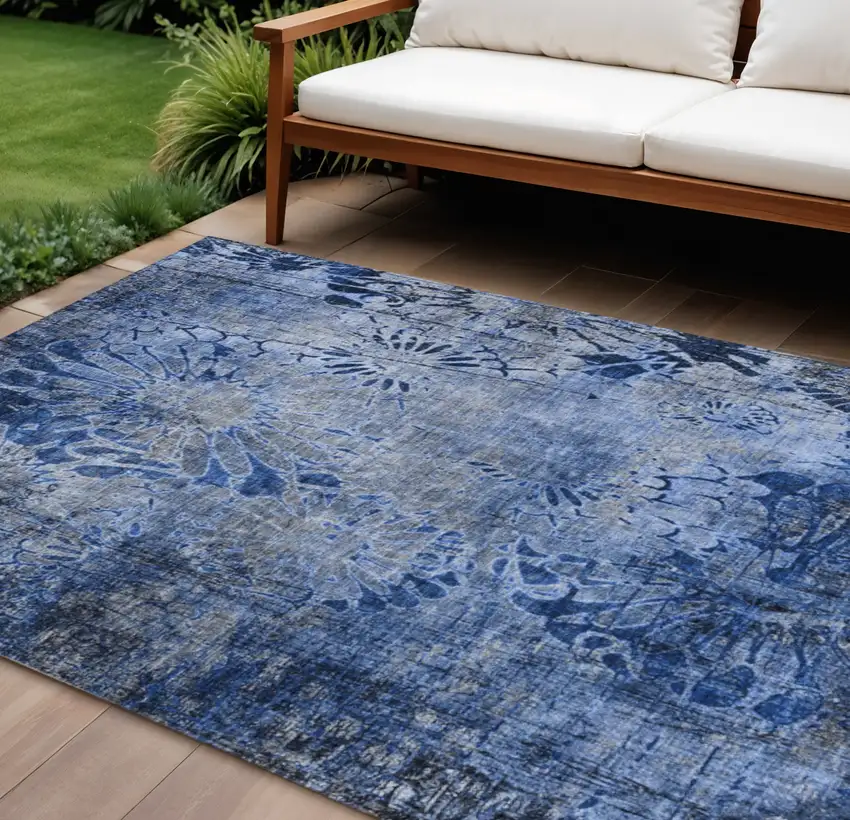 Navy Blue And Gray Floral Washable Indoor Outdoor Area Rug Photo 1