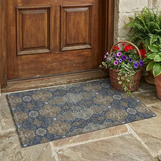 Navy Blue And Gray Floral Washable Indoor Outdoor Area Rug Photo 1