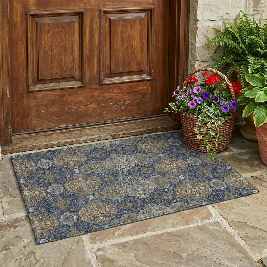 Navy Blue And Gray Floral Washable Indoor Outdoor Area Rug Photo 1