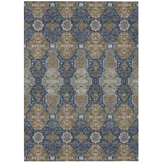Navy Blue And Gray Floral Washable Indoor Outdoor Area Rug Photo 2