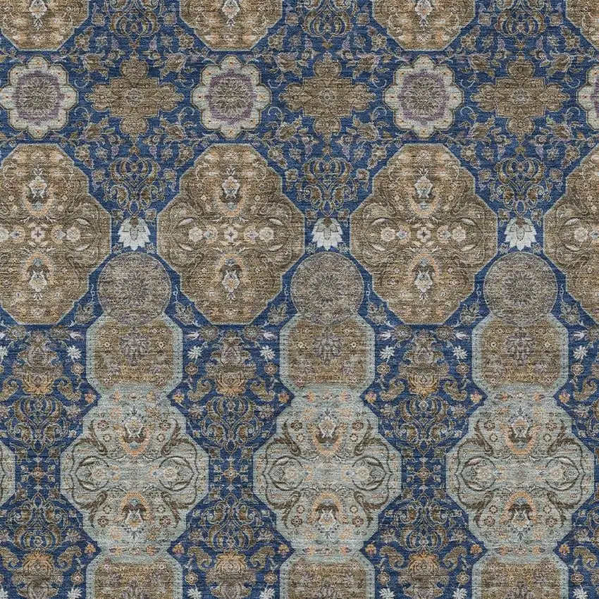 Navy Blue And Gray Floral Washable Indoor Outdoor Area Rug Photo 3