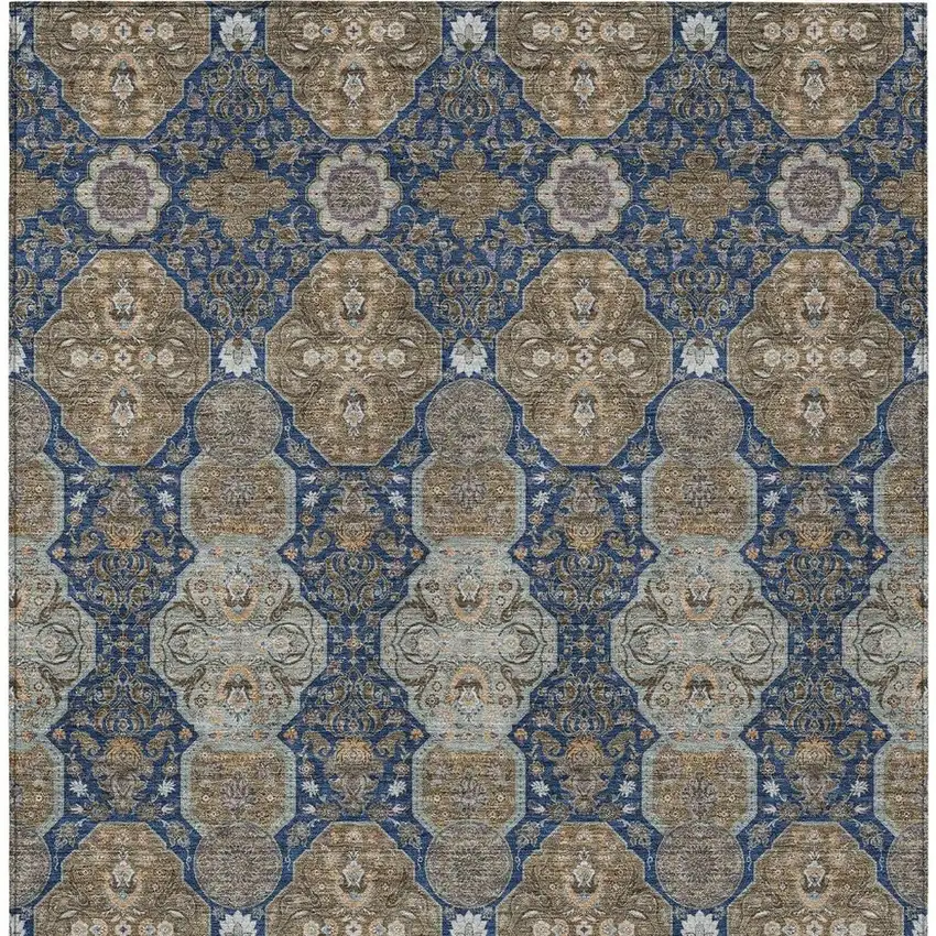 Navy Blue And Gray Floral Washable Indoor Outdoor Area Rug Photo 4