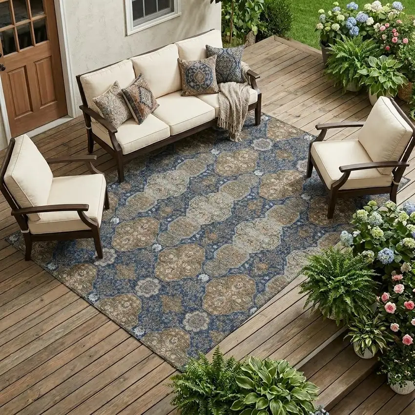 Navy Blue And Gray Floral Washable Indoor Outdoor Area Rug Photo 1