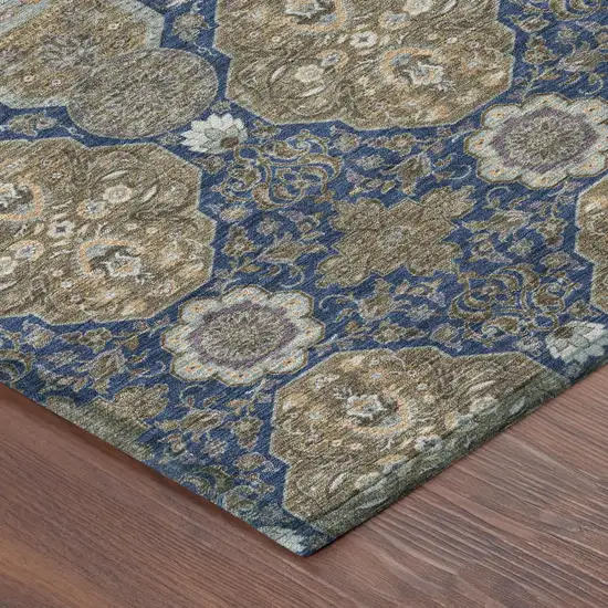 Navy Blue And Gray Floral Washable Indoor Outdoor Area Rug Photo 5