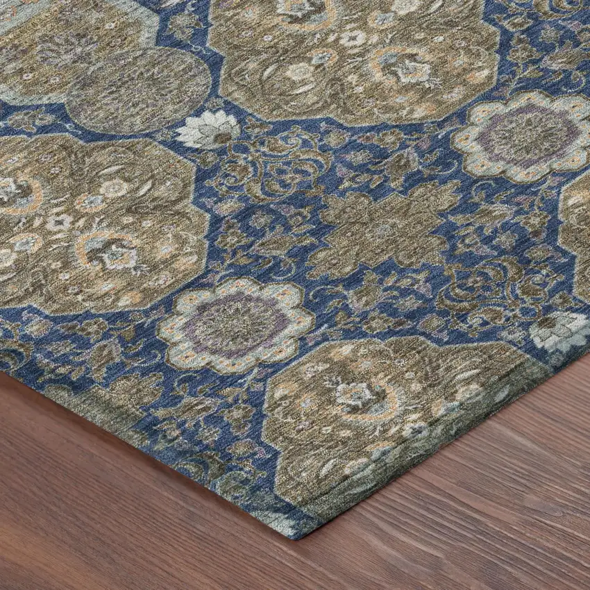 Navy Blue And Gray Floral Washable Indoor Outdoor Area Rug Photo 5