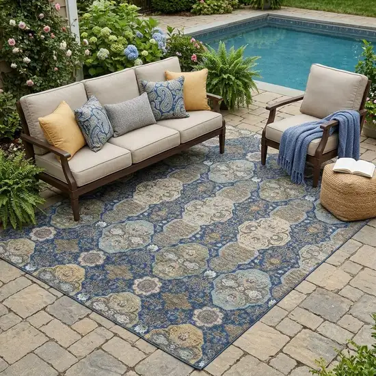 Navy Blue And Gray Floral Washable Indoor Outdoor Area Rug Photo 1