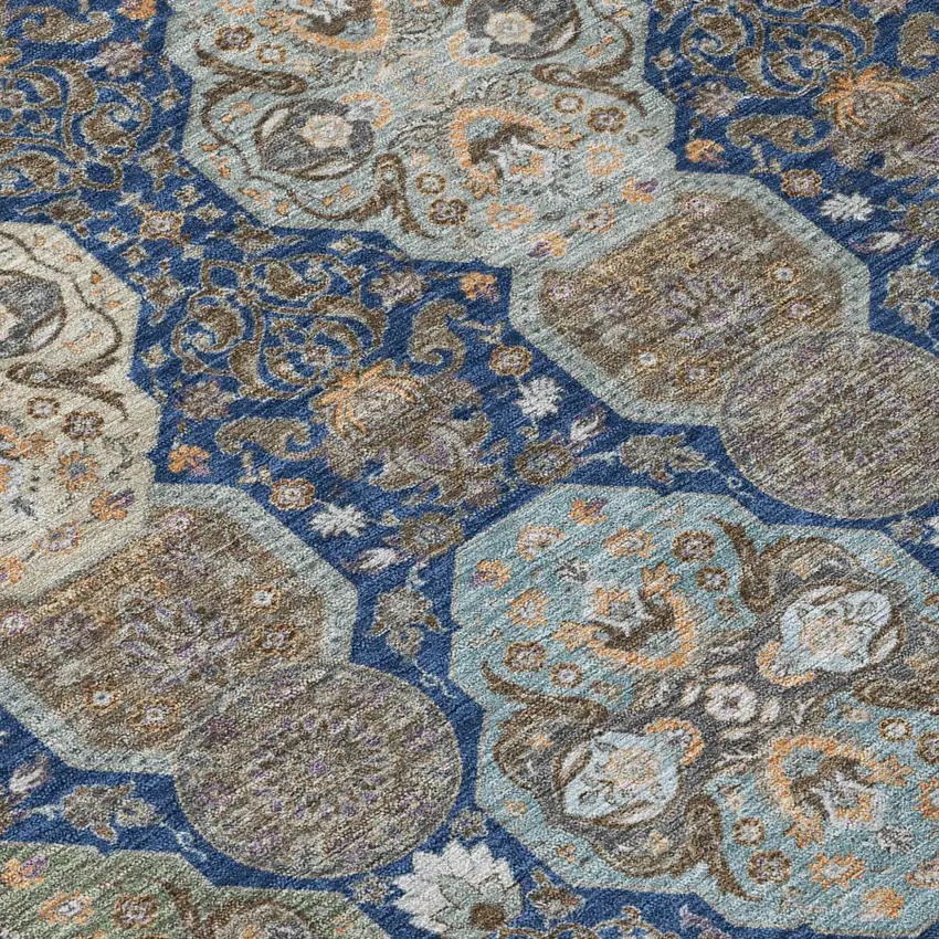 Navy Blue And Gray Floral Washable Indoor Outdoor Area Rug Photo 6
