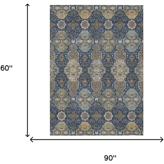 Navy Blue And Gray Floral Washable Indoor Outdoor Area Rug Photo 7