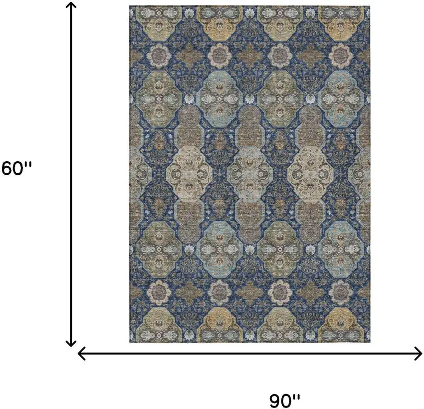 Navy Blue And Gray Floral Washable Indoor Outdoor Area Rug Photo 7