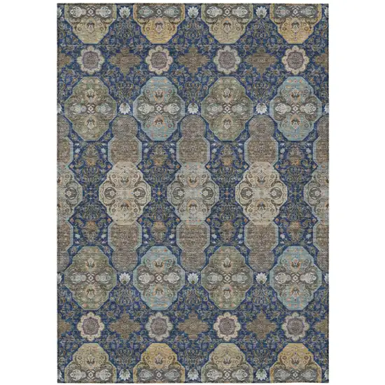 Navy Blue And Gray Floral Washable Indoor Outdoor Area Rug Photo 2