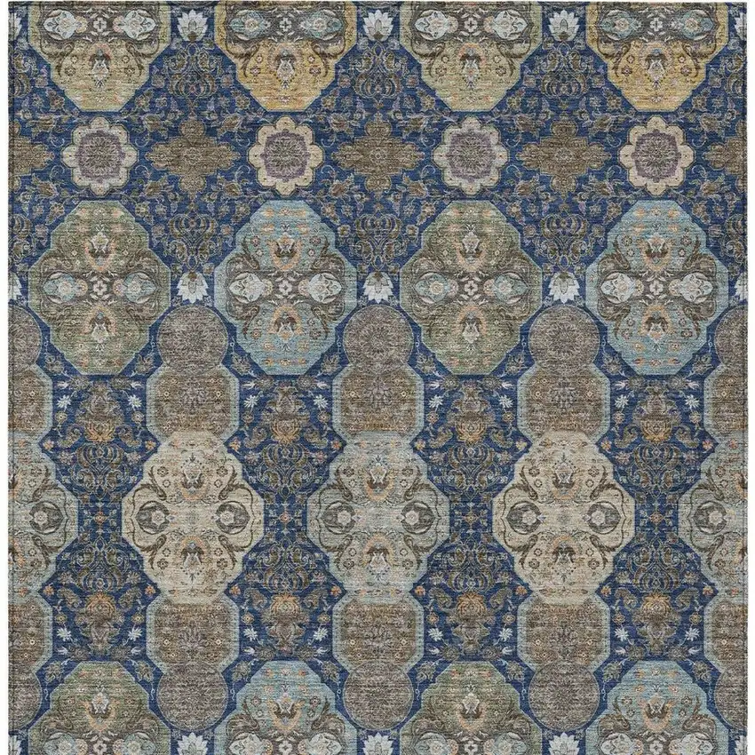 Navy Blue And Gray Floral Washable Indoor Outdoor Area Rug Photo 4