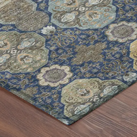 Navy Blue And Gray Floral Washable Indoor Outdoor Area Rug Photo 5